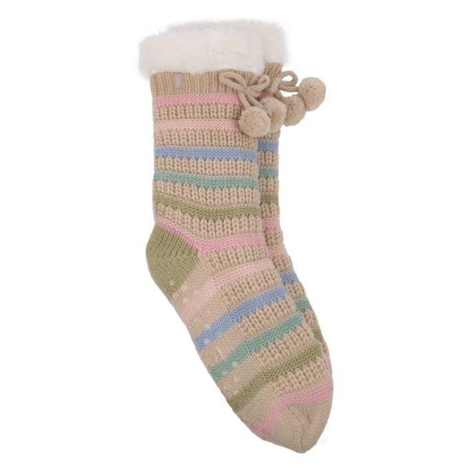 totes Ladies Textured Stripe Slipper Socks Cream Extra Image 2